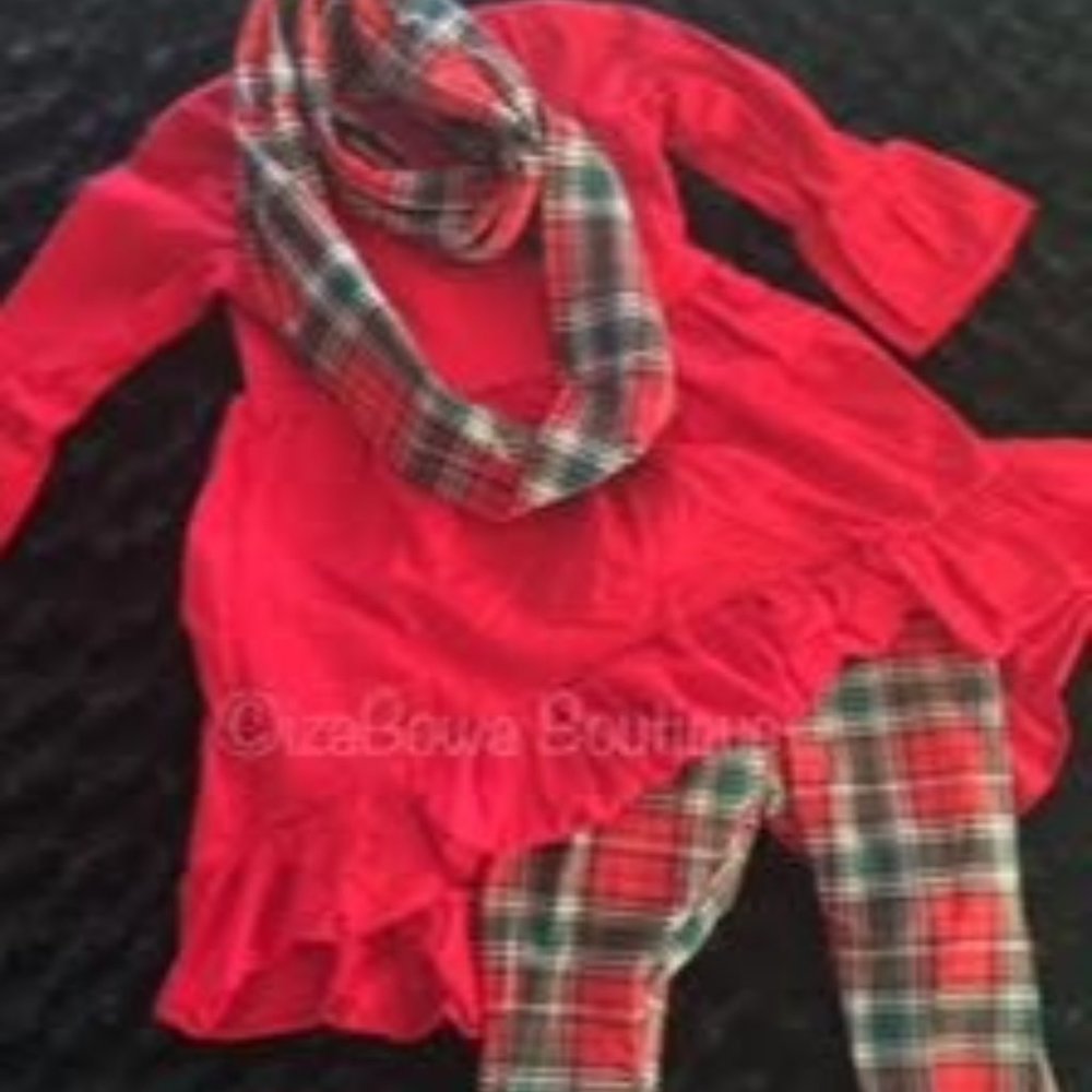 Red & Green Plaid Hi/Lo Shirt, Pant & Scarf 3 pc Set  1225 NWT Boutique